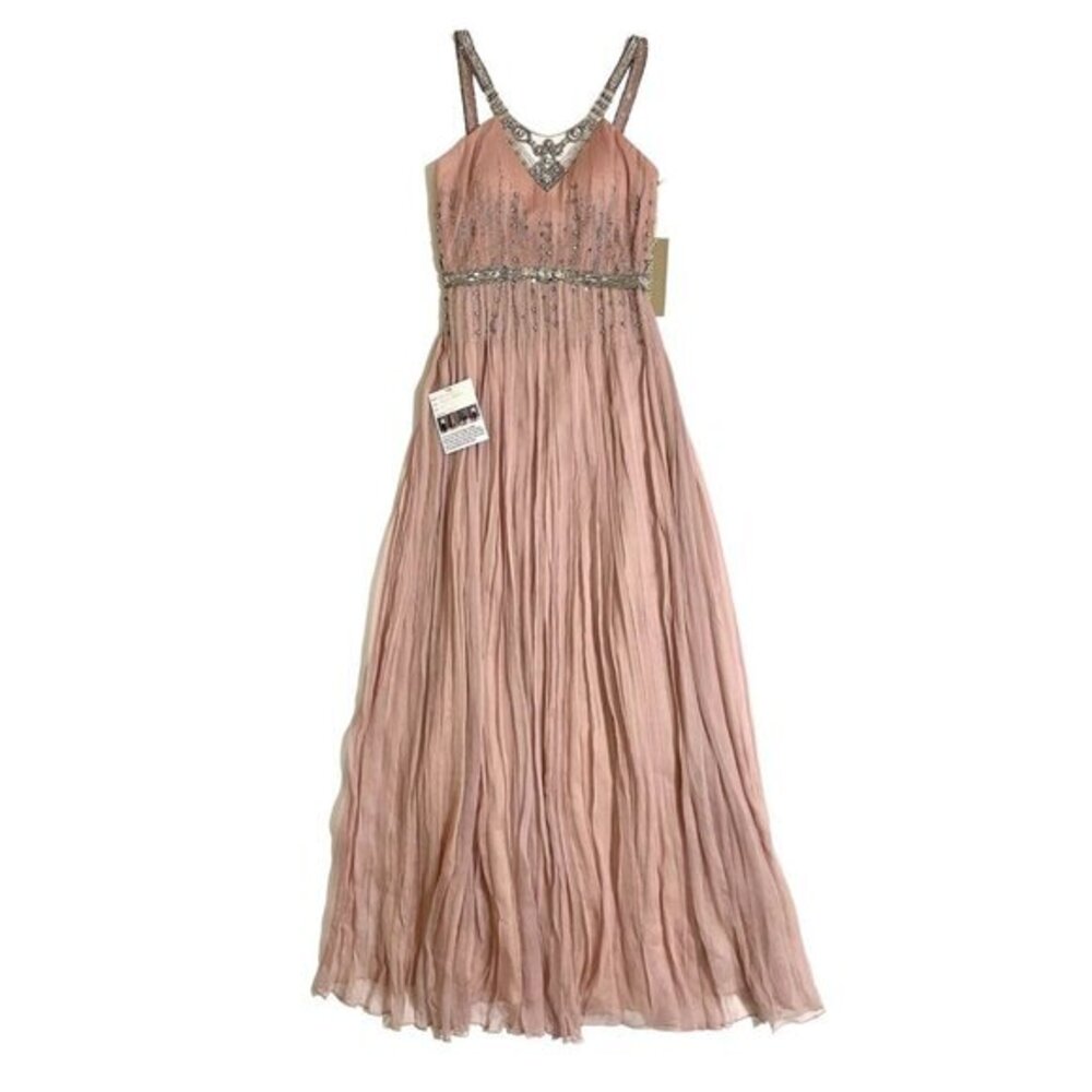 Mignon Powder Pink 100% Silk Grecian Beaded Rhinestone Crystal Dress SZ 4 NWT